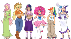 Size: 3600x2000 | Tagged: safe, artist:kavli-kaffel, applejack, fluttershy, pinkie pie, rainbow dash, rarity, twilight sparkle, human, g4, alternate hairstyle, applejack's hat, bare shoulders, beauty mark, belt, book, boots, cargo pants, choker, chubby, clothes, concave belly, cowboy boots, cowboy hat, curvy, diverse body types, dress, ear piercing, earring, eyeshadow, face tattoo, feather, feet, female, fit, freckles, glasses, gloves, grin, hat, height difference, high heels, hourglass figure, humanized, jewelry, lipstick, looking at you, makeup, mane six, midriff, muscles, pants, physique difference, piercing, ponytail, sandals, shirt, shoes, simple background, size difference, skirt, slender, smiling, sneakers, socks, stockings, straw in mouth, sun hat, sweater vest, tank top, tattoo, thigh highs, thin, transparent background