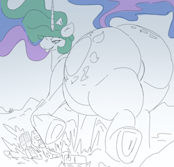 Size: 1112x1069 | Tagged: safe, artist:fanofblimp, princess celestia, alicorn, pony, g4, butt, chubbylestia, city, destruction, fat, featureless crotch, female, giant pony, giantess, growth, huge butt, impossibly large butt, large butt, macro, mare, plot, sketch, stomping, sunbutt, the ass was fat, thighs, thunder thighs