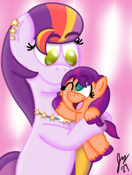 Size: 1620x2160 | Tagged: safe, artist:jesslmc16, sunny starscout, earth pony, pony, g5, my little pony: tell your tale, written in the starscouts, spoiler:g5, spoiler:my little pony: tell your tale, spoiler:tyts02e11, digital art, duo, duo female, female, filly, foal, goggles, holding, holding a pony, mare, mother and child, mother and daughter, raised hoof, safety goggles, unnamed character