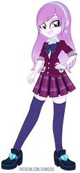 Size: 559x1200 | Tagged: safe, artist:jennieoo, oc, oc:wisteria shroud, equestria girls, g4, bow, clothes, commission, ear piercing, earring, eyeshadow, hand on hip, jewelry, makeup, piercing, school uniform, simple background, skirt, smiling, solo, stockings, thigh highs, transparent background, vector