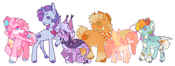 Size: 2048x782 | Tagged: safe, artist:puwupy, applejack, fluttershy, pinkie pie, rainbow dash, rarity, twilight sparkle, alicorn, earth pony, flutter pony, pegasus, unicorn, g4, alternate design, alternate hairstyle, amputee, apron, arm fluff, bandage, beauty mark, cloak, clothes, cloven hooves, ear fluff, ear piercing, ear tufts, earring, folded wings, gauges, horn, jewelry, kerchief, leonine tail, mane six, pegasus pinkie pie, piercing, race swap, raised hoof, redesign, simple background, tail, transparent background, unshorn fetlocks, wings