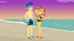 Size: 1573x885 | Tagged: safe, artist:richardchibbard, flash sentry, sunset shimmer, equestria girls, g4, beach, duo, duo male and female, female, male, ship:flashimmer, shipping, straight