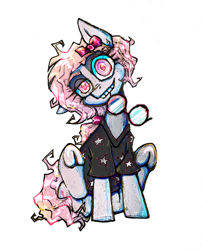 Size: 2513x3105 | Tagged: safe, artist:jehr, oc, oc only, pony, bow, clothes, commission, curly hair, eyelashes, glass, glasses, grey body, looking at you, mouth hold, one ear down, pink eyes, pink hair, ponytail, shirt, simple background, sitting, smiling, smiling at you, stars, t-shirt, teeth, underhoof, white background
