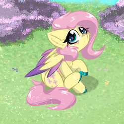 Size: 2000x2000 | Tagged: safe, artist:jubyskylines, fluttershy, pegasus, pony, g4, blushing, colored hooves, colored wings, colored wingtips, cute, female, grass, high res, looking at you, mare, raised hoof, sitting, solo, wide eyes, wings