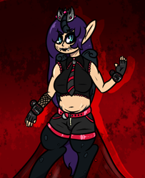Size: 814x1002 | Tagged: safe, artist:lazerblues, oc, oc only, oc:mal, hybrid, satyr, belly button, belt, breasts, chubby, clothes, crown, goth, horn, hybrid oc, jewelry, parent:oc:nyx, regalia, solo, wings