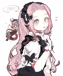 Size: 1732x2092 | Tagged: safe, artist:mengtunshaojing, discord, fluttershy, draconequus, human, apron, blushing, clothes, gloves, heart, heart eyes, humanized, maid, shirt, simple background, tiny discord, white background, wingding eyes