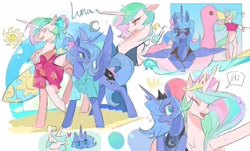 Size: 1654x1000 | Tagged: safe, artist:lili207884, princess celestia, princess luna, alicorn, pony, beach, bikini, clothes, drink, female, inflatable toy, mare, royal sisters, shirt, siblings, sisters, speech bubble, sun, surfboard, swimsuit, text, vacation
