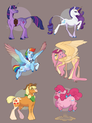 Size: 1535x2048 | Tagged: safe, artist:solkatt-arts, applejack, fluttershy, pinkie pie, rainbow dash, rarity, twilight sparkle, classical unicorn, earth pony, pegasus, pony, unicorn, g4, bow, brown background, buff, cloven hooves, colored wings, concave belly, diverse body types, fat, female, flower, flower in hair, goggles, goggles around neck, height difference, horn, large wings, leonine tail, mane six, mare, multicolored wings, muscles, physique difference, pronking, pudgy pie, rainbow wings, simple background, slender, spread wings, standing on two hooves, tail, tail bow, thin, thin legs, unicorn twilight, unshorn fetlocks, wings