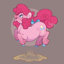 Size: 886x886 | Tagged: safe, artist:solkatt-arts, pinkie pie, earth pony, pony, g4, bow, brown background, colored hooves, dust cloud, fat, female, mare, open mouth, open smile, pronking, pudgy pie, simple background, smiling, solo, tail, tail bow, unshorn fetlocks