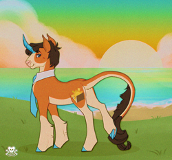 Size: 1310x1220 | Tagged: safe, artist:wolfs42, oc, oc:sol sunset, classical unicorn, unicorn, beach, butt, clothes, cloven hooves, colored hooves, colored horn, cutie mark, detailed background, gift art, horn, leonine tail, male, necktie, plot, retro, solo, stallion, tail, unicorn oc, unshorn fetlocks