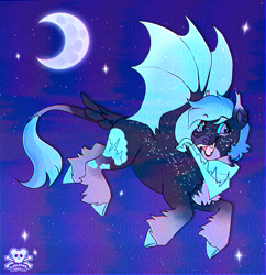 Size: 1404x1450 | Tagged: safe, artist:wolfs42, oc, oc:veve, bat pony, bat pony oc, clothes, colored hooves, crescent moon, ear piercing, female, freckles, gift art, handkerchief, leonine tail, mare, moon, night, night sky, piercing, retro, sky, tail, tail feathers, unshorn fetlocks