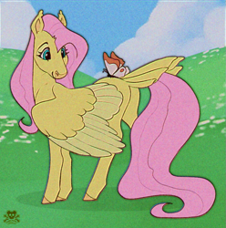 Size: 877x884 | Tagged: safe, artist:wolfs42, fluttershy, butterfly, pegasus, pony, g4, butt, butterfly on butt, female, looking back, mare, plot, solo, tail, tail feathers