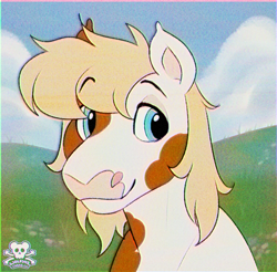 Size: 780x767 | Tagged: safe, artist:wolfs42, oc, oc:warhawk, earth pony, bust, earth pony oc, eyebrows, eyebrows visible through hair, looking at you, male, meadow, retro, stallion