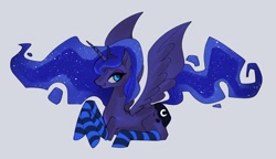 Size: 2500x1441 | Tagged: safe, artist:vradurenu, princess luna, alicorn, pony, g4, backwards cutie mark, clothes, eyeshadow, female, gray background, horn, lying down, makeup, mare, prone, simple background, socks, solo, spread wings, striped socks, wings