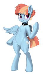 Size: 1088x1762 | Tagged: safe, artist:sunbusting, windy whistles, pegasus, semi-anthro, g4, belly button, blushing, collar, female, freckles, pubic mound, simple background, solo, white background