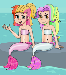 Size: 882x1008 | Tagged: safe, artist:ocean lover, coconut cream, toola roola, human, mermaid, bandeau, bare shoulders, beach, belly, belly button, best friends, boulder, child, children, duo, duo female, female, fins, fish tail, golden eyes, hairpin, happy, human coloration, humanized, innocent, light skin, long hair, looking at you, mermaid tail, mermaidized, mermay, midriff, ms paint, multicolored hair, ocean, open mouth, outdoors, rock, sitting, sky, sleeveless, smiling, smiling at you, species swap, tail, tail fin, teal eyes, water, wave