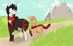 Size: 3000x1900 | Tagged: safe, artist:anix_space, oc, oc only, oc:anix, oc:himmel, earth pony, pony, unicorn, clothes, foal, glowing, glowing eyes, horn, scarf