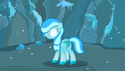 Size: 3032x1708 | Tagged: safe, artist:ncolque, screencap, oc, oc only, oc:ice crystal, pegasus, pony, cave, glowing, glowing eyes, ice, solo