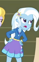 Size: 517x812 | Tagged: safe, screencap, trixie, equestria girls, g4, angry, arms, breasts, bust, clothes, female, frown, hairpin, hand, hand on hip, hoodie, legs, long hair, long sleeves, open frown, open mouth, skirt, solo, standing, talking, teenager, teeth, top, zipper