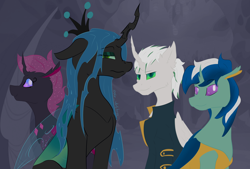 Size: 4000x2700 | Tagged: safe, artist:ollie sketchess, queen chrysalis, oc, oc:speed shield, unnamed oc, changedling, changeling, dark changedling, pony, g4, changeling oc, commission, pink changeling, reformed