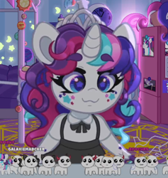 Size: 530x558 | Tagged: safe, artist:partypievt, rainbow dash, oc, oc only, oc:party pie, pony, unicorn, anthro, g4, autism creature, clothes, eyebrows, eyebrows visible through hair, facial markings, family guy death pose, fringe, glow in the dark, horn, jewelry, pinafore, refrigerator, skirt, solo, tentacles, tiara, twitch, vtuber