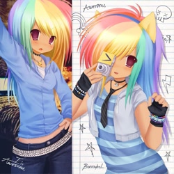 Size: 1080x1080 | Tagged: safe, artist:bonnybel_, rainbow dash, human, g4, 2000s, anime, anime style, camera, choker, female, hand on hip, humanized, jewelry, midriff, necklace, open mouth, signature, solo