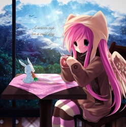 Size: 1080x1087 | Tagged: safe, artist:bonnybel_, angel bunny, fluttershy, human, g4, alternate clothes, chocolate, food, hot chocolate, humanized, solo, wings