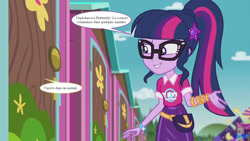 Size: 1833x1031 | Tagged: source needed, safe, artist:fab3716, edit, edited screencap, screencap, sci-twi, twilight sparkle, human, equestria girls, g4, my little pony equestria girls: choose your own ending, the road less scheduled, the road less scheduled: fluttershy, french, solo