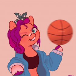 Size: 2480x2480 | Tagged: safe, artist:starburstuwu, sunny starscout, earth pony, pony, g5, bandaid, bandaid on nose, bandana, basketball, bipedal, bra, bra on pony, clothes, female, jacket, looking at you, mare, one eye closed, pink background, pointing at you, simple background, solo, sports, sports bra, wink, winking at you