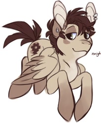 Size: 409x500 | Tagged: safe, artist:t0ddnet, oc, oc only, pegasus, pony, bedroom eyes, colored wings, ear piercing, male, piercing, signature, simple background, smiling, solo, stallion, two toned wings, white background, wings
