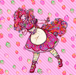 Size: 1650x1625 | Tagged: safe, artist:anaeeve, pinkie pie, equestria girls, g4, :p, abstract background, apron, clothes, cupcake, dress, food, one eye closed, ponied up, shoes, smiling, solo, tongue out, wink