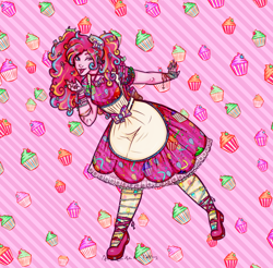 Size: 1650x1625 | Tagged: safe, alternate version, artist:anaeeve, pinkie pie, oc, oc only, equestria girls, g4, :p, abstract background, apron, clothes, cupcake, dress, food, one eye closed, shoes, smiling, solo, tongue out, wink