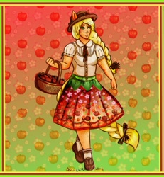 Size: 1500x1625 | Tagged: safe, artist:anaeeve, applejack, equestria girls, g4, abstract background, apple, basket, braid, clothes, dress, food, ponied up, shoes, smiling, solo