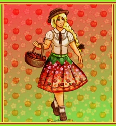 Size: 1500x1625 | Tagged: safe, alternate version, artist:anaeeve, applejack, equestria girls, g4, abstract background, apple, basket, braid, clothes, dress, food, shoes, smiling, solo