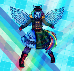 Size: 1700x1625 | Tagged: safe, artist:anaeeve, rainbow dash, equestria girls, g4, abstract background, boots, clothes, dress, fingerless gloves, gloves, hat, ponied up, shoes, smiling, solo, spread wings, wings