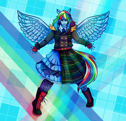 Size: 1700x1625 | Tagged: safe, artist:anaeeve, rainbow dash, equestria girls, g4, abstract background, boots, clothes, dress, fingerless gloves, gloves, ponied up, shoes, smiling, solo, spread wings, wings
