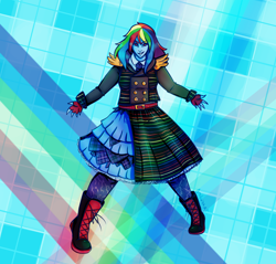 Size: 1700x1625 | Tagged: safe, artist:anaeeve, rainbow dash, equestria girls, g4, abstract background, boots, clothes, dress, fingerless gloves, gloves, shoes, smiling, solo