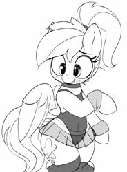 Size: 1997x2714 | Tagged: safe, artist:pabbley, rainbow dash, pegasus, pony, semi-anthro, alternate hairstyle, bipedal, black and white, blush lines, blushing, choker, clothes, female, grayscale, high res, hockless socks, leotard, looking down, mare, monochrome, ponytail, see-through, simple background, skirt, smiling, socks, solo, stockings, thigh highs, white background, wide hips, wristband