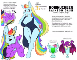 Size: 2000x1561 | Tagged: safe, artist:robinucheer, rainbow dash, pegasus, anthro, unguligrade anthro, alcohol, bust, cocktail, drink, eating, female, grin, looking at you, simple background, sitting, smiling, tentacles, text, white background, wingless, wingless anthro