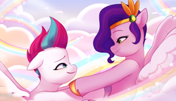 Size: 4609x2651 | Tagged: safe, artist:maren, pipp petals, zipp storm, pegasus, pony, g5, my little pony: tell your tale, where the rainbows are made, spoiler:g5, spoiler:my little pony: tell your tale, spoiler:tyts02e12, cloud, duo, duo female, female, high res, looking at each other, looking at someone, mare, rainbow, royal sisters (g5), siblings, sisters, smiling, smiling at each other