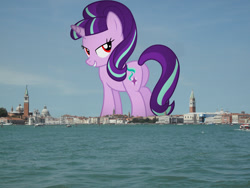 Size: 2048x1536 | Tagged: safe, artist:90sigma, edit, editor:jaredking779, starlight glimmer, pony, unicorn, g4, attack on pony, butt, female, giant pony, giantess, glimmer glutes, grin, highrise ponies, horn, irl, italy, looking at you, looking back, looking back at you, macro, mare, photo, plot, ponies in real life, red eyes, s5 starlight, smiling, solo, story included, venice, vulgar description