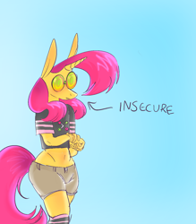 Size: 1400x1600 | Tagged: safe, artist:rubyrelax, oc, oc only, oc:twister pop, unicorn, anthro, clothes, cutie mark on clothes, glasses, horn, male, pink hair, shirt, shorts, socks, wide hips