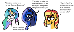 Size: 1458x625 | Tagged: safe, artist:zoeyhorse, part of a set, princess celestia, princess luna, sunset shimmer, alicorn, earth pony, unicorn, g4, angry, bust, dialogue, divorce, female, furrowed brow, horn, lidded eyes, mare, simple background, smug, trio, trio female, white background