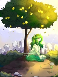 Size: 1536x2048 | Tagged: safe, artist:mikkybun, wallflower blush, earth pony, pony, g4, commission, equestria girls ponified, female, fence, flower, food, freckles, leaves, lemon, lemon tree, looking up, mare, ponified, shoulder freckles, sitting, solo, sunlight, tree, wallflower and plants