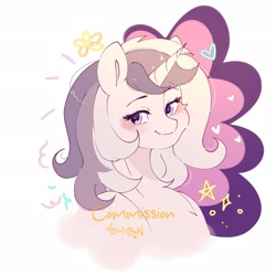 Size: 2048x2048 | Tagged: safe, artist:mikkybun, oc, oc only, pony, unicorn, bust, commission, female, heart, horn, lidded eyes, mare, simple background, smiling, solo, stars, white background