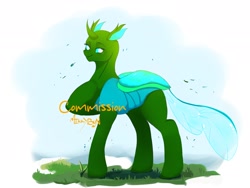 Size: 2048x1536 | Tagged: safe, artist:mikkybun, oc, oc only, changedling, changeling, changedling oc, changeling oc, commission, hoof on chest, lidded eyes, simple background, smiling, solo, white background