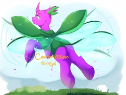 Size: 2048x1536 | Tagged: safe, artist:mikkybun, oc, oc only, changedling, changeling, butt, changedling oc, changeling oc, commission, facing away, flying, looking at you, looking back, looking back at you, plot, solo, spread wings, underhoof, wings
