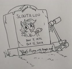 Size: 3062x2943 | Tagged: safe, artist:jargon scott, scootaloo, pegasus, pony, g4, dead, gravestone, grayscale, high res, implied death, monochrome, scooter, smiling friends, text, traditional art