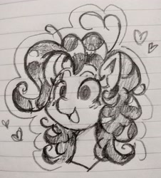 Size: 2680x2966 | Tagged: safe, artist:l4zy_4le, pinkie pie, earth pony, pony, g4, bust, cute, diapinkes, female, floating heart, grayscale, heart, lined paper, mare, monochrome, open mouth, open smile, pencil drawing, smiling, solo, traditional art