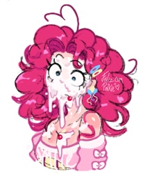 Size: 1069x1236 | Tagged: safe, artist:l4zy_4le, pinkie pie, human, breasts, bust, busty pinkie pie, cherry, cleavage, female, food, frosting, humanized, mare, pied, simple background, solo, white background